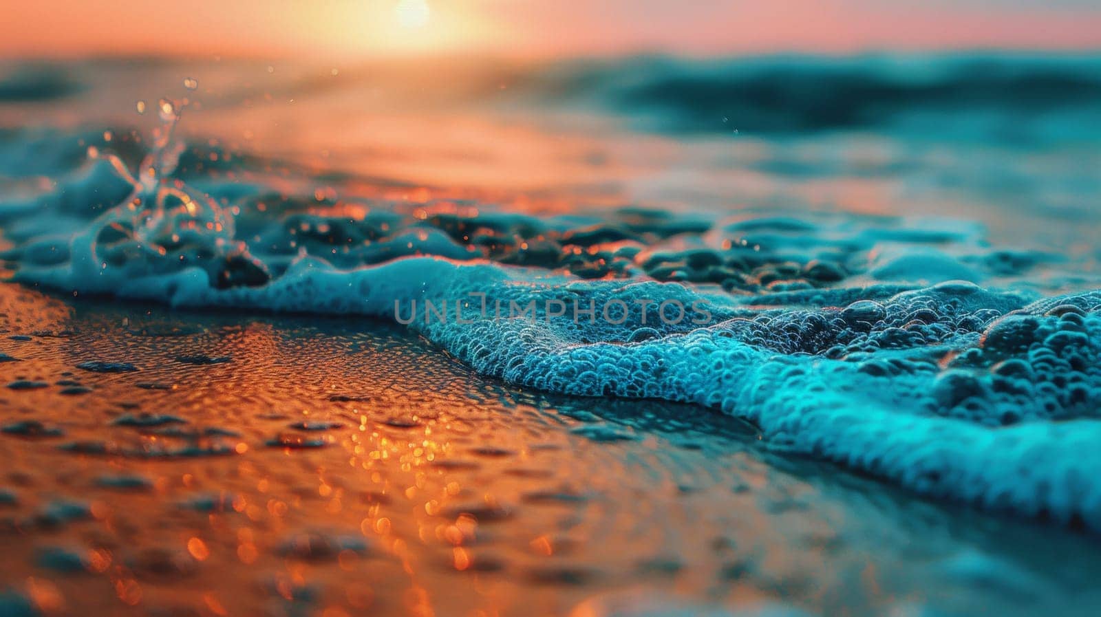 A close up of a wave crashing on the beach at sunset