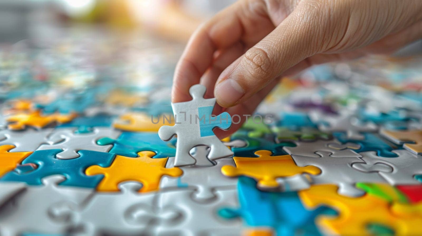 A hand holding a piece of the puzzle on top of it