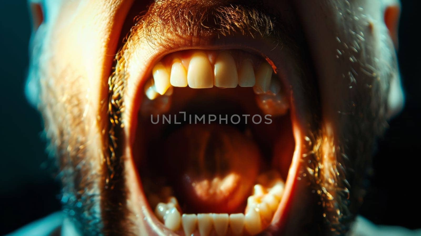 A close up of a man with his mouth open and teeth showing