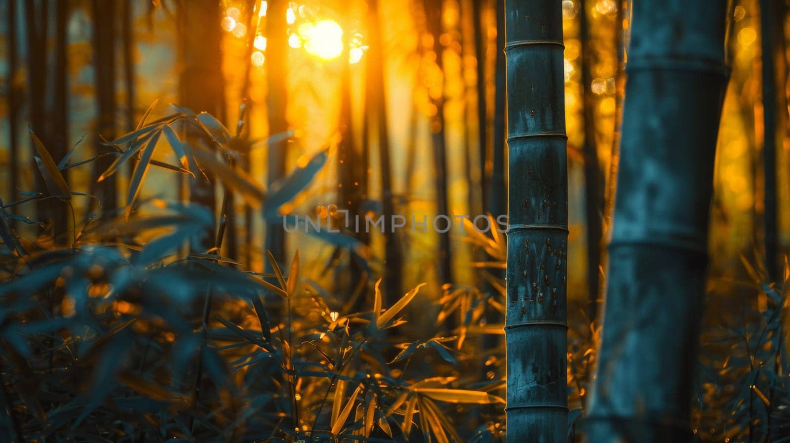 A close up of a bamboo forest with the sun shining through