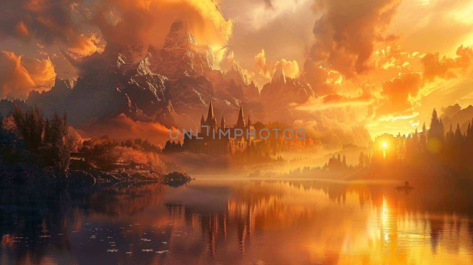A beautiful sunset over a lake with mountains in the background
