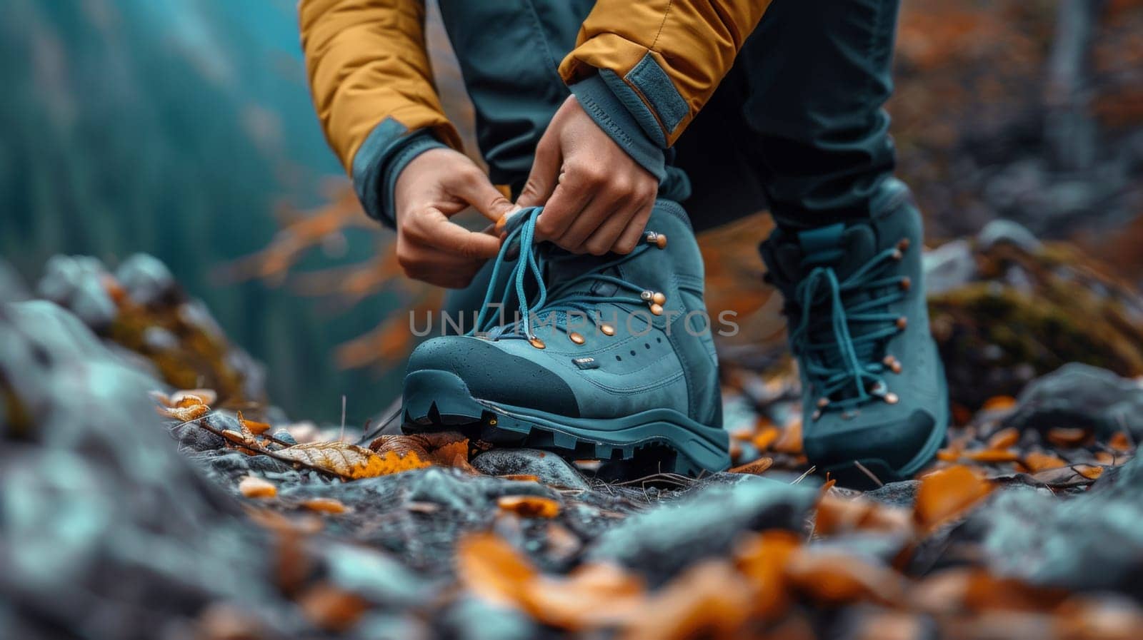 A person tying their shoe on a rocky trail