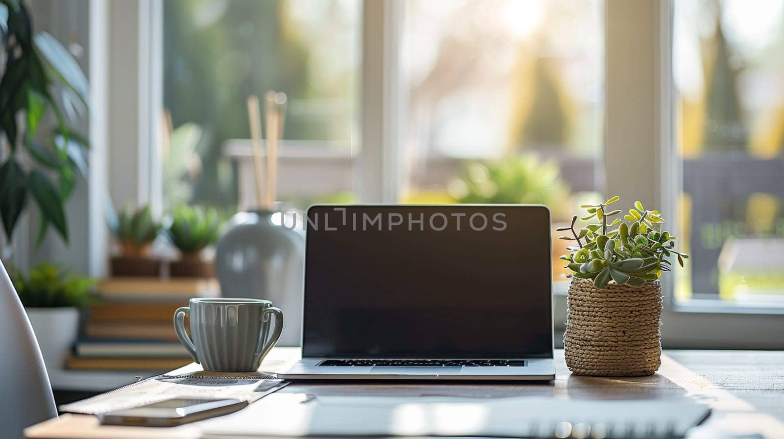 A laptop computer sitting on a desk with plants and coffee cup