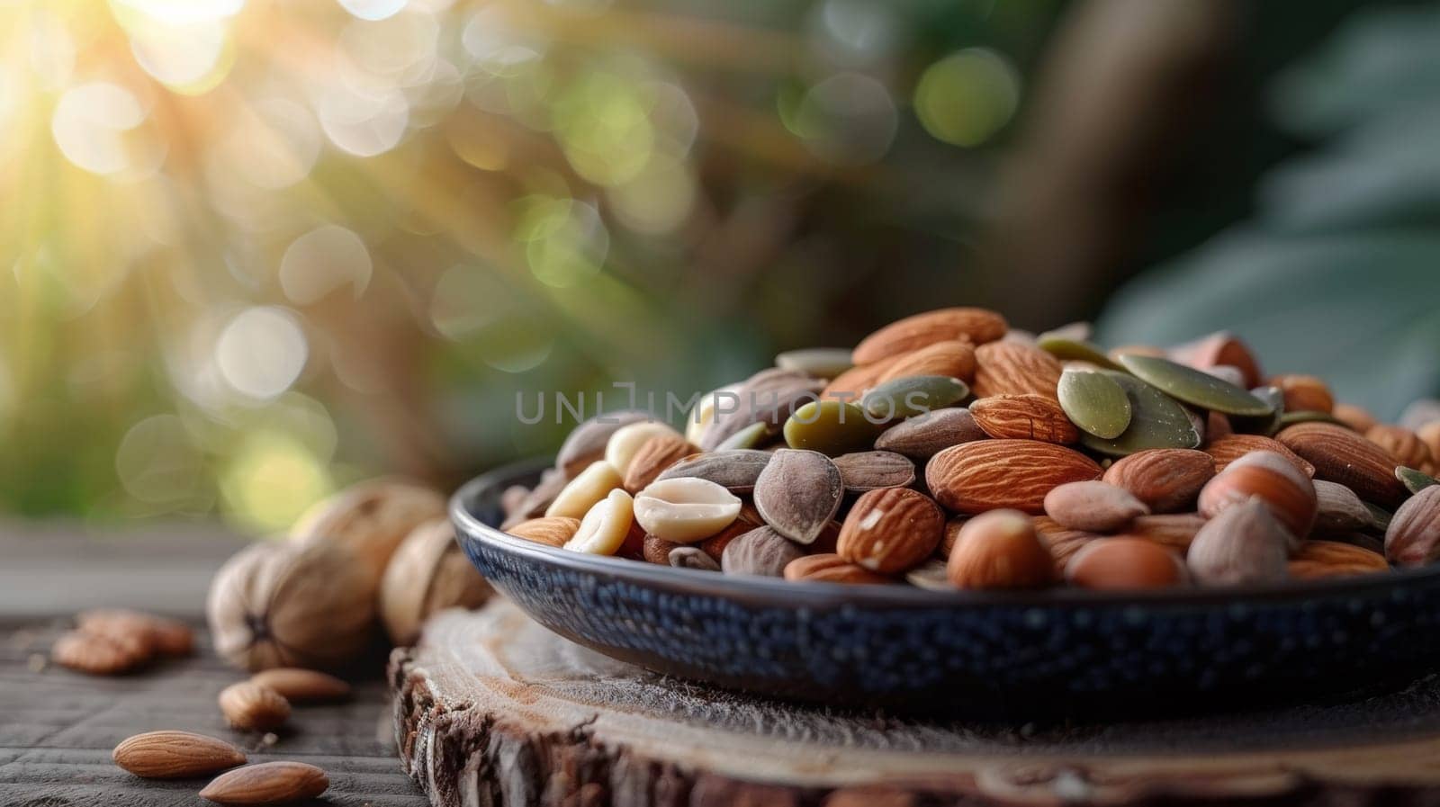 A bowl of nuts on a wooden stump with sun shining in the background