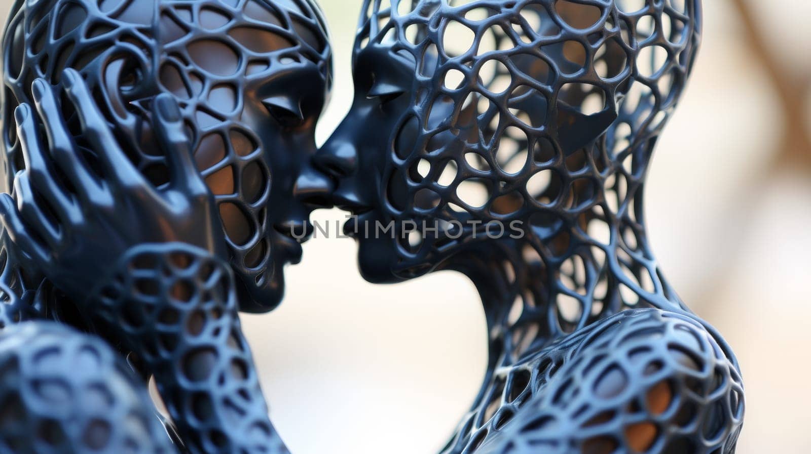 A sculpture of two people kissing each other with a wire mesh
