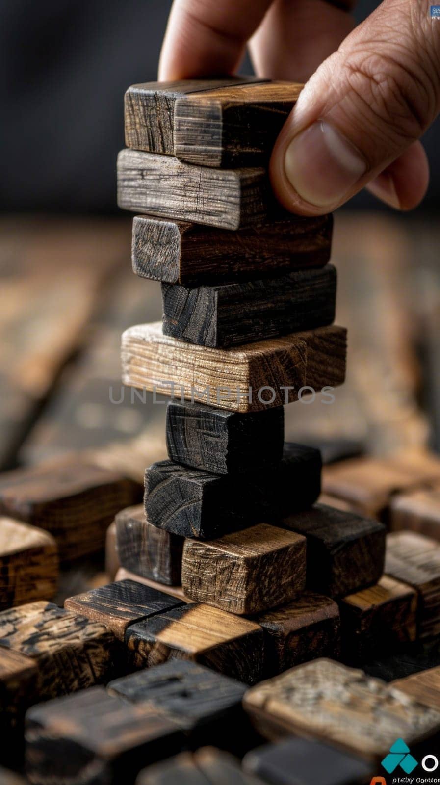 A hand placing a block on top of another wooden piece