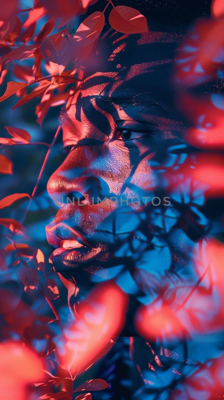 A close up of a man's face with leaves in the background