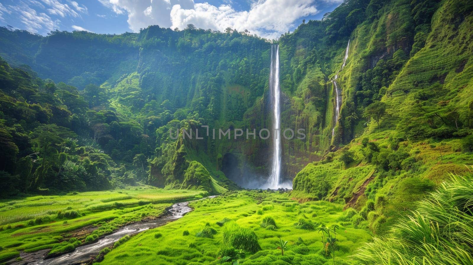 A waterfall is seen in the middle of a lush green valley