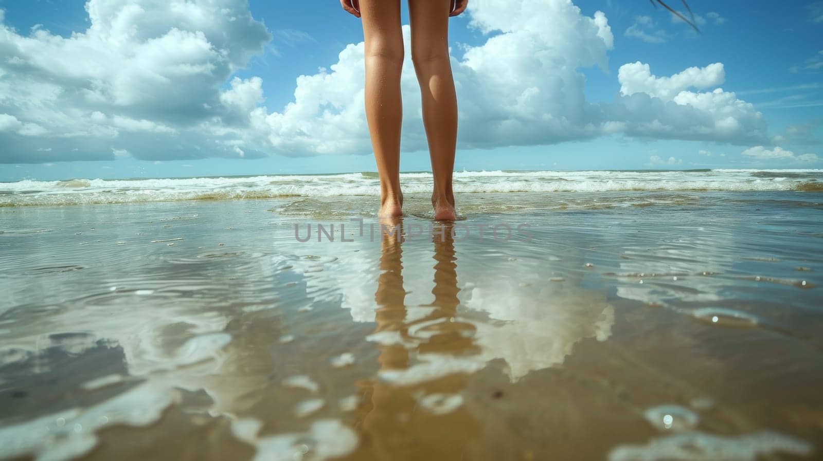 A woman standing in the shallow water of a beach