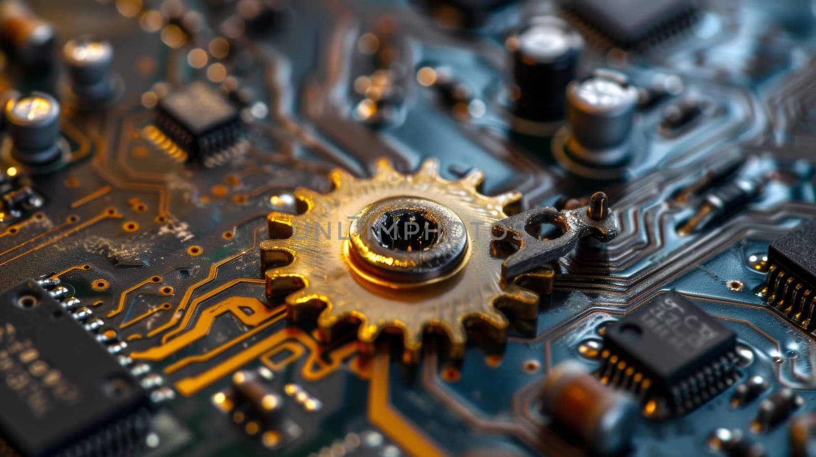A close up of a gear on top of an electronic circuit board