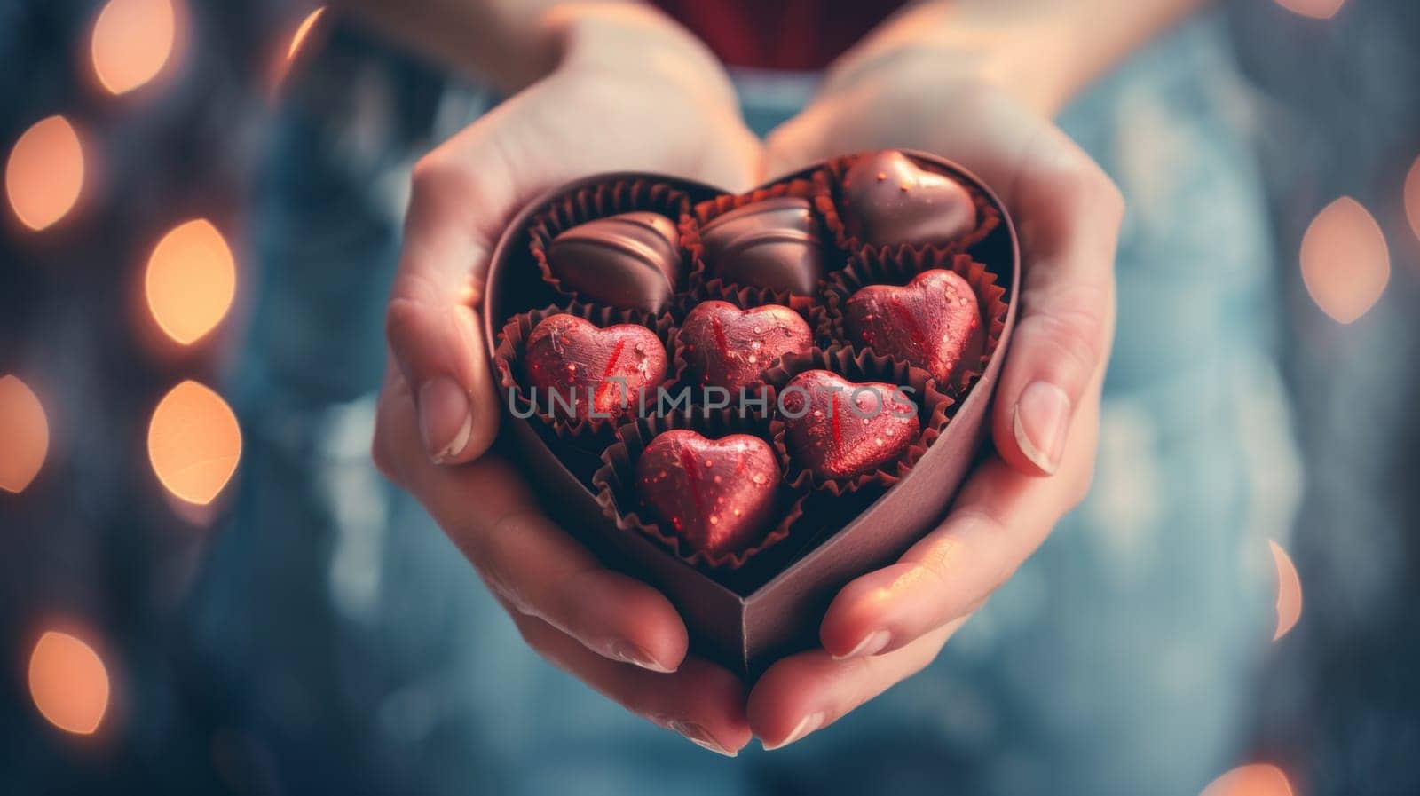 A person holding a heart shaped box of chocolates with some in it