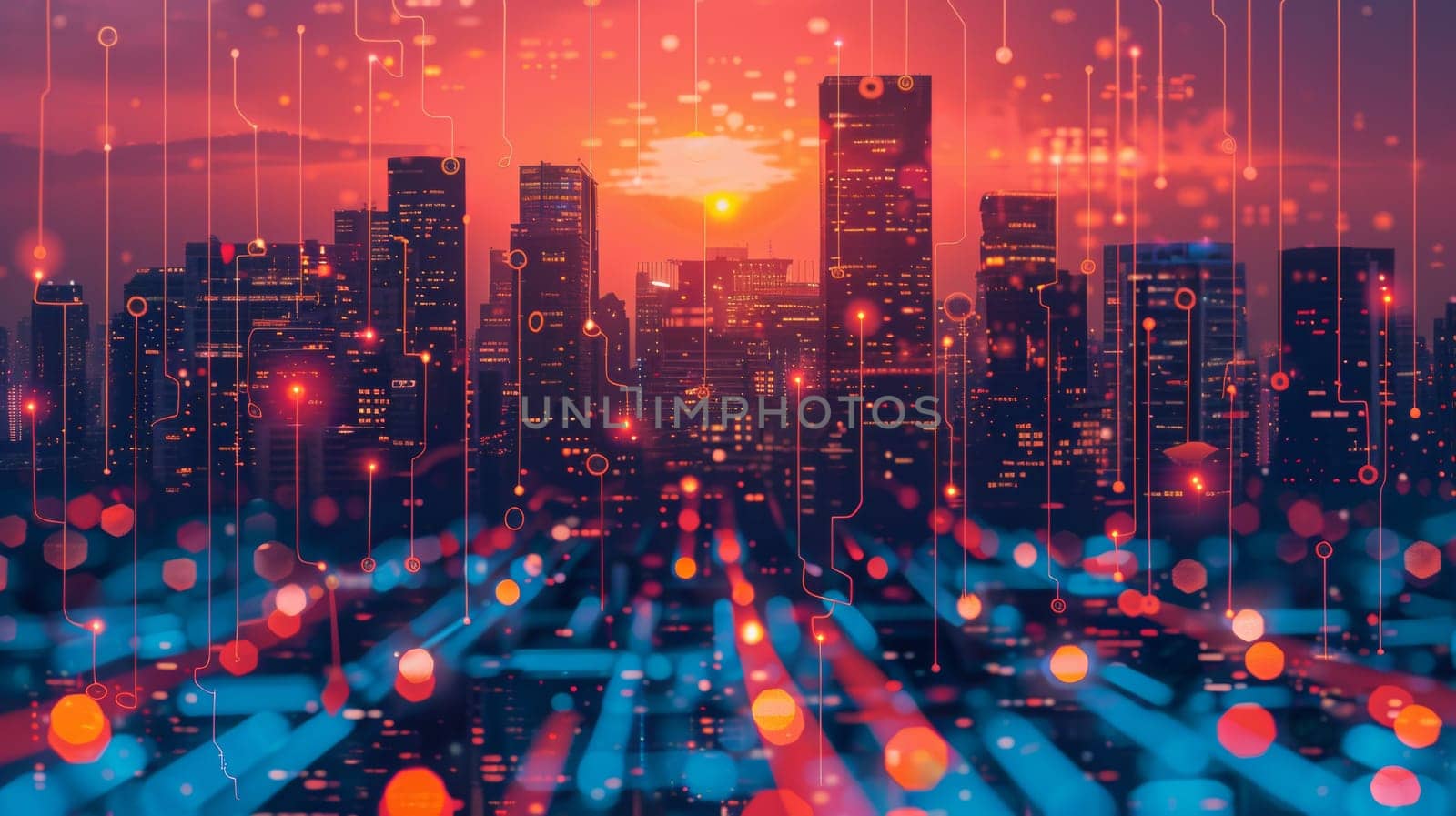 A city skyline with lights and dots in the sky