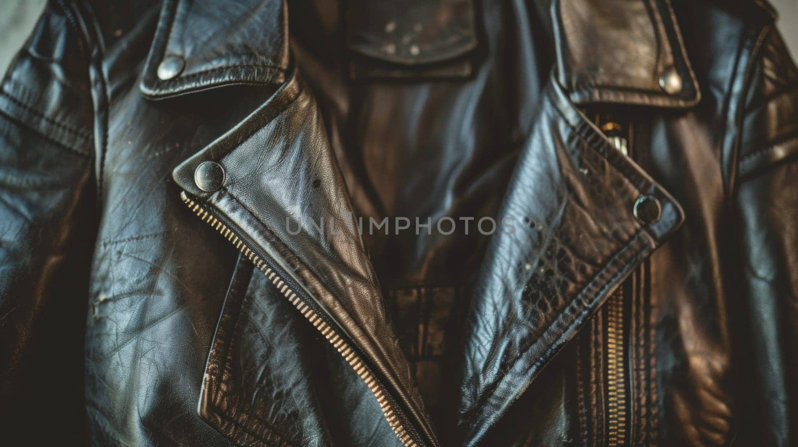 A close up of a black leather jacket with zippers on the front