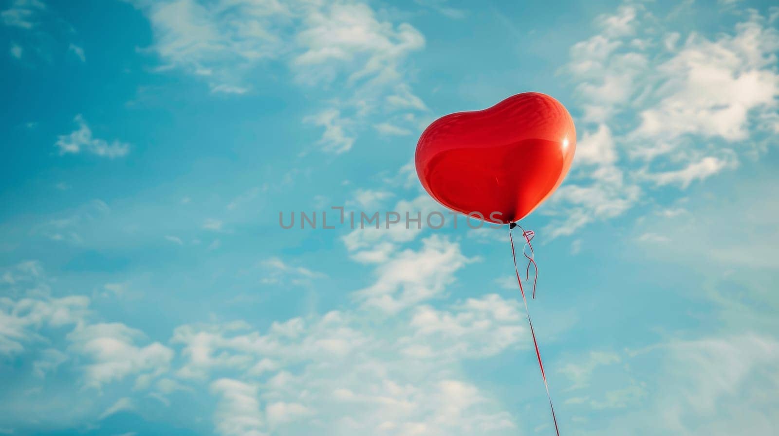 A red heart shaped balloon flying in the sky with a blue cloudy background