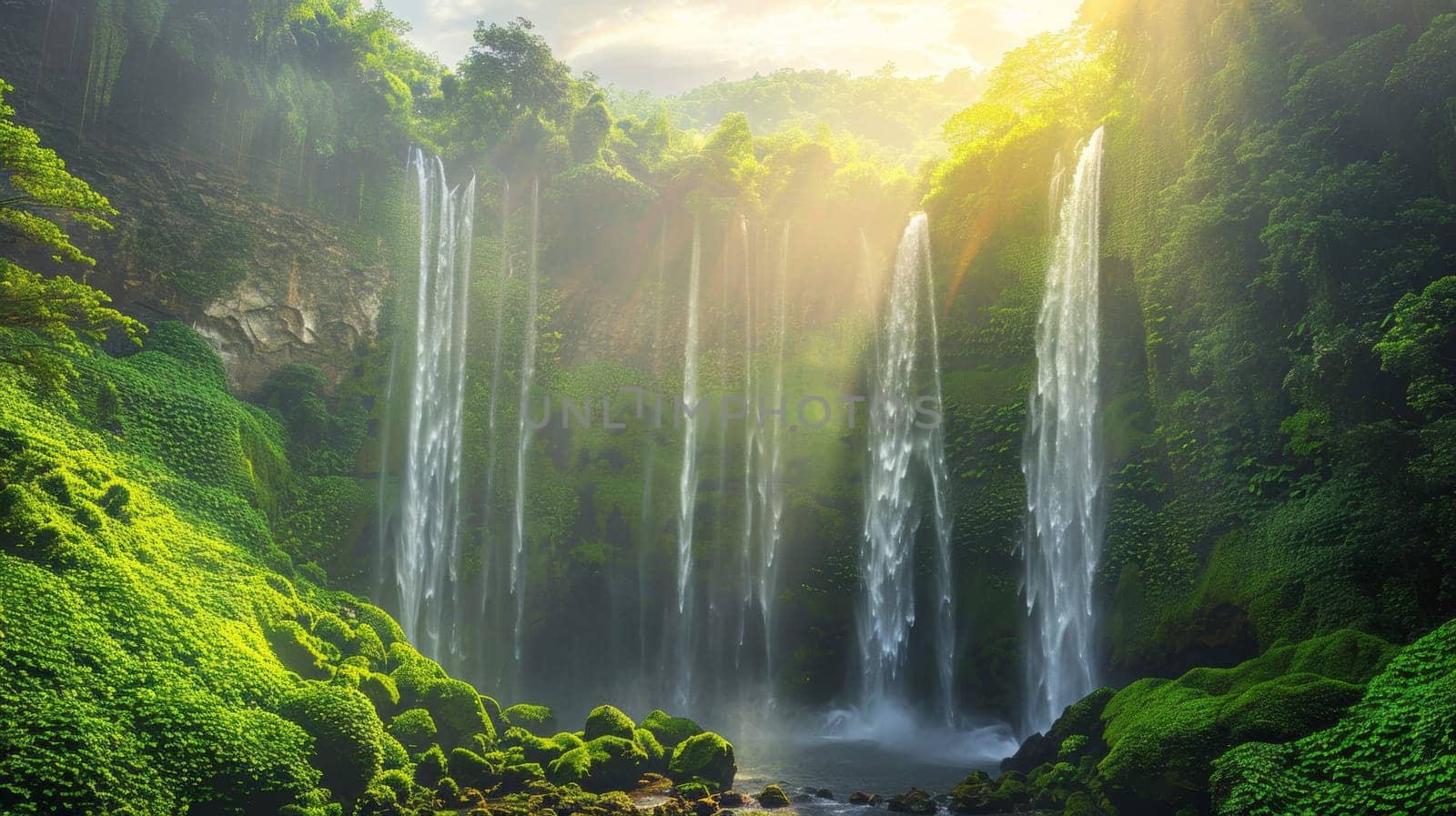 A waterfall is surrounded by lush green vegetation and trees