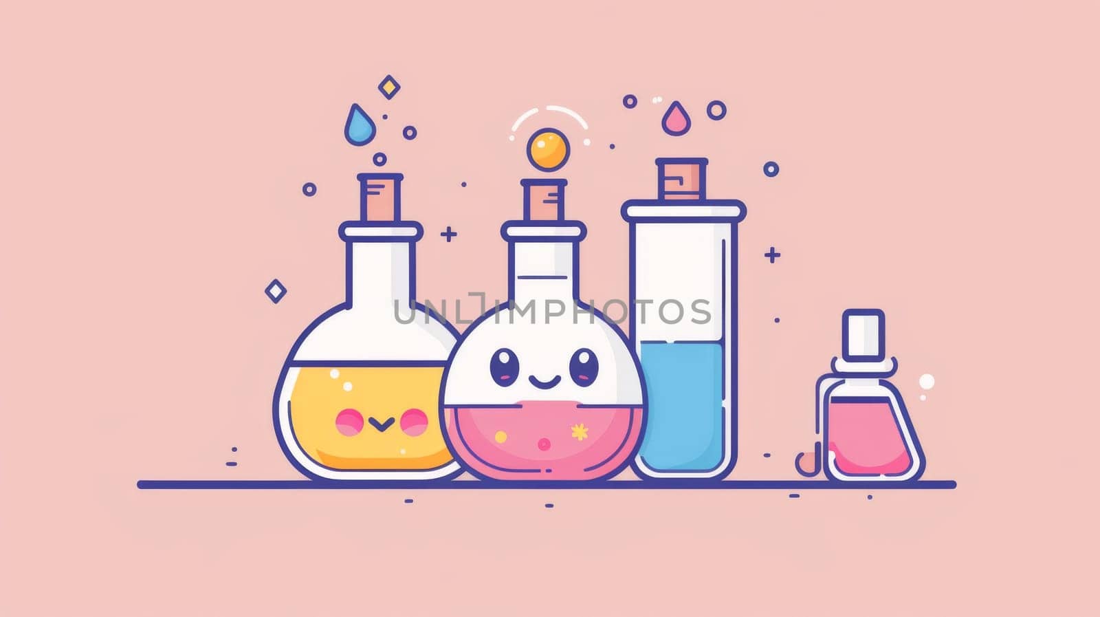 Three bottles with different liquids and a face on them