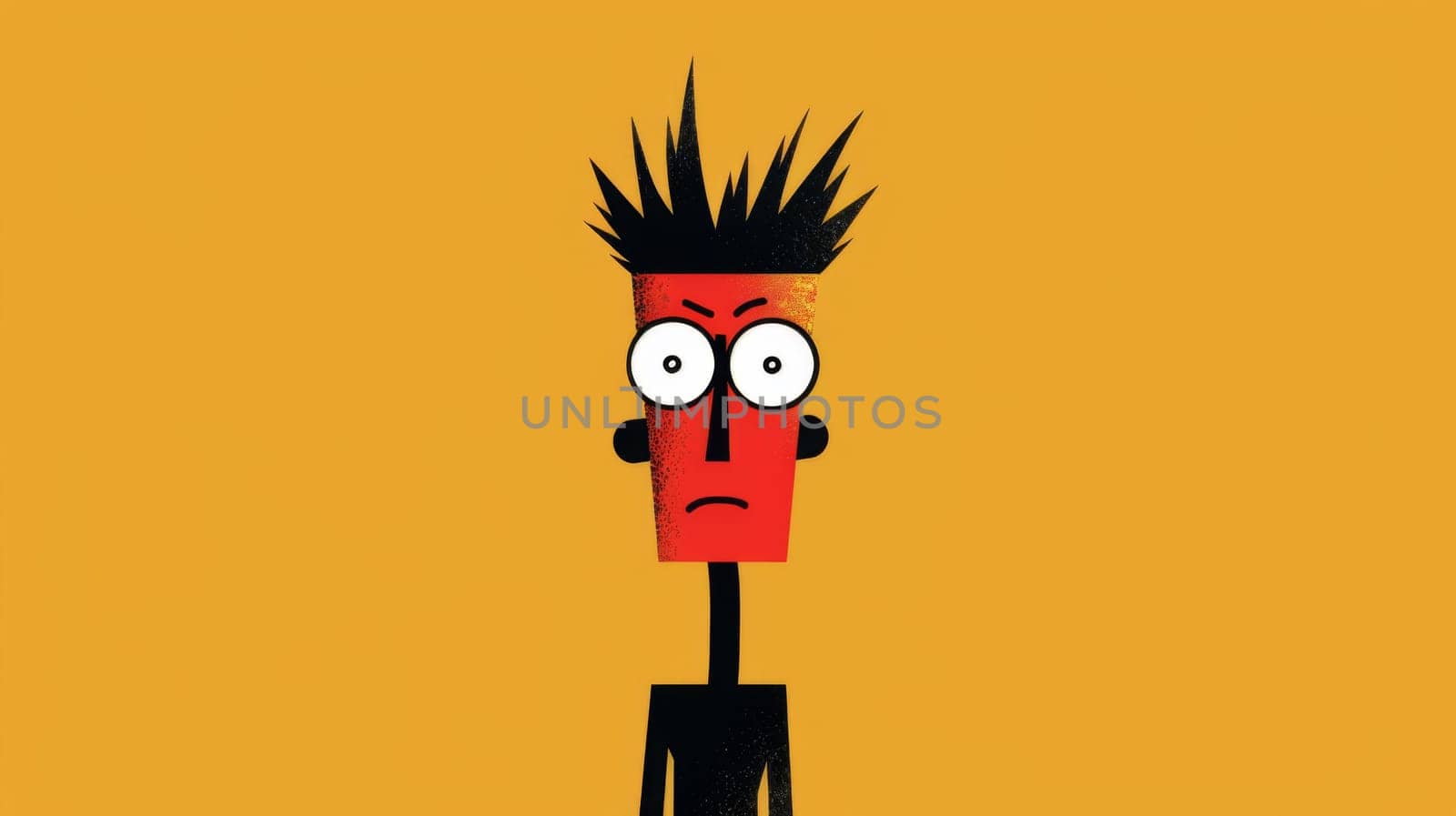 A cartoon character with a red face and black hair