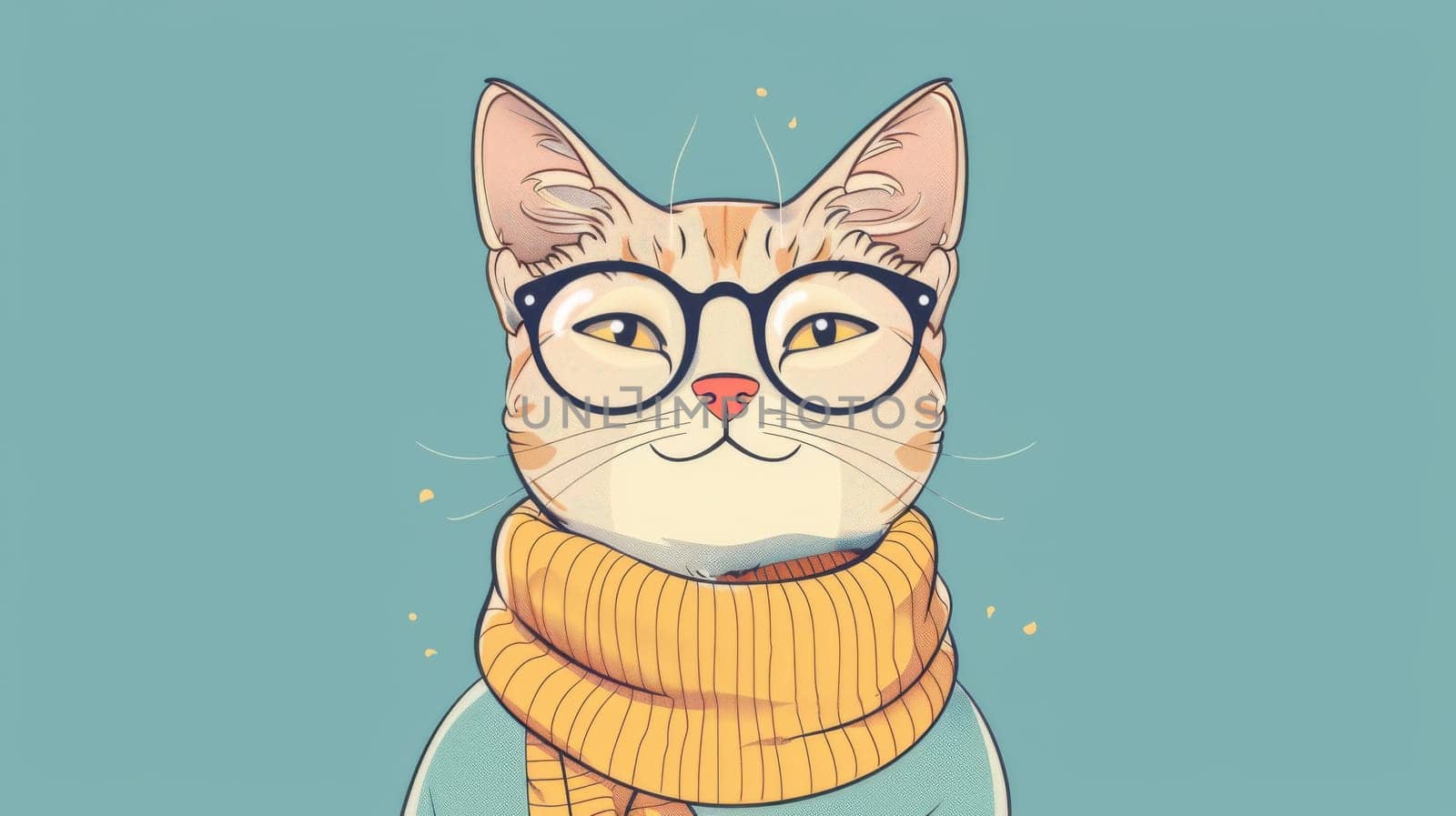 A drawing of a cat wearing glasses and a scarf