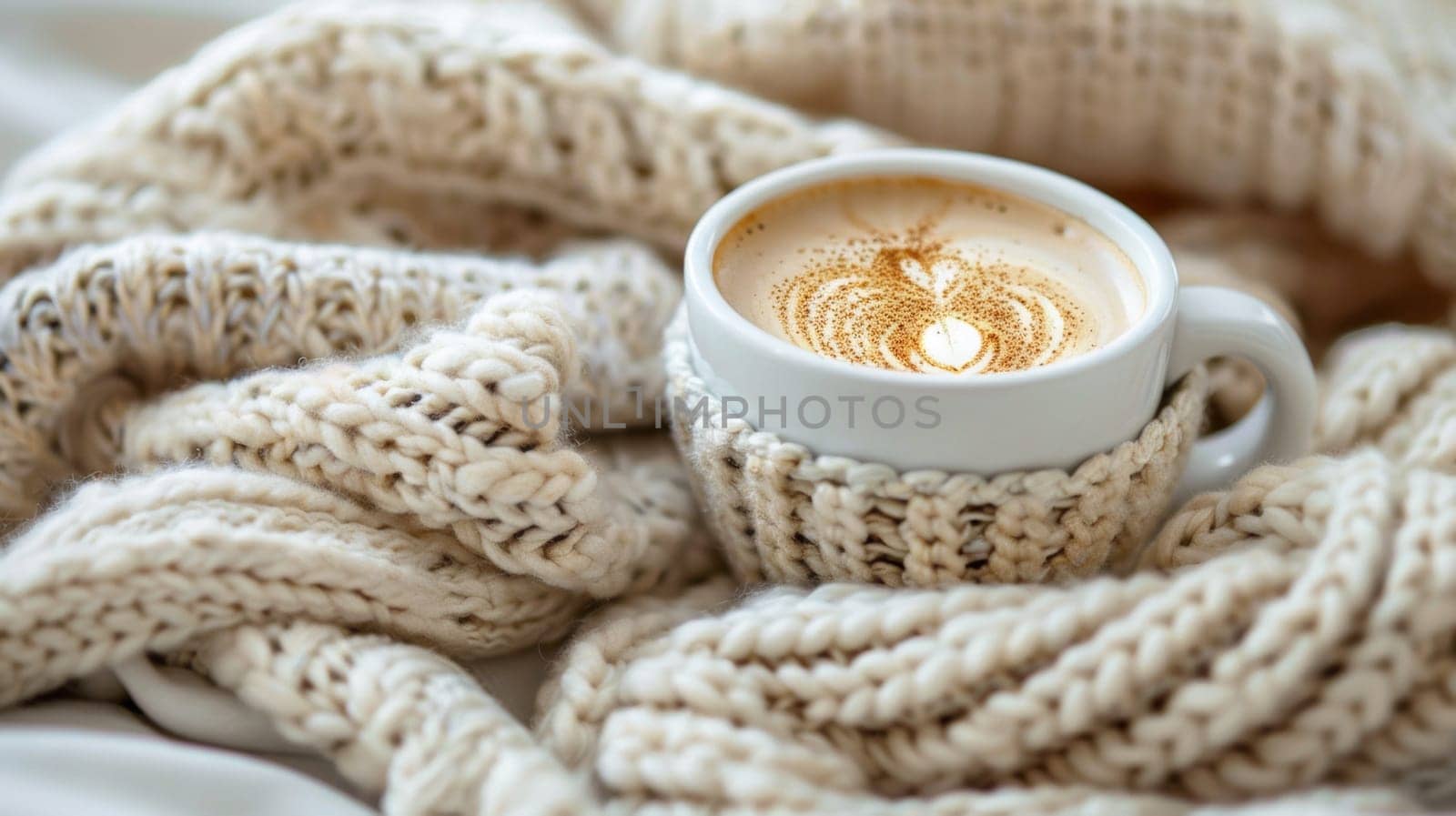 A cup of coffee is sitting on a blanket with some cinnamon