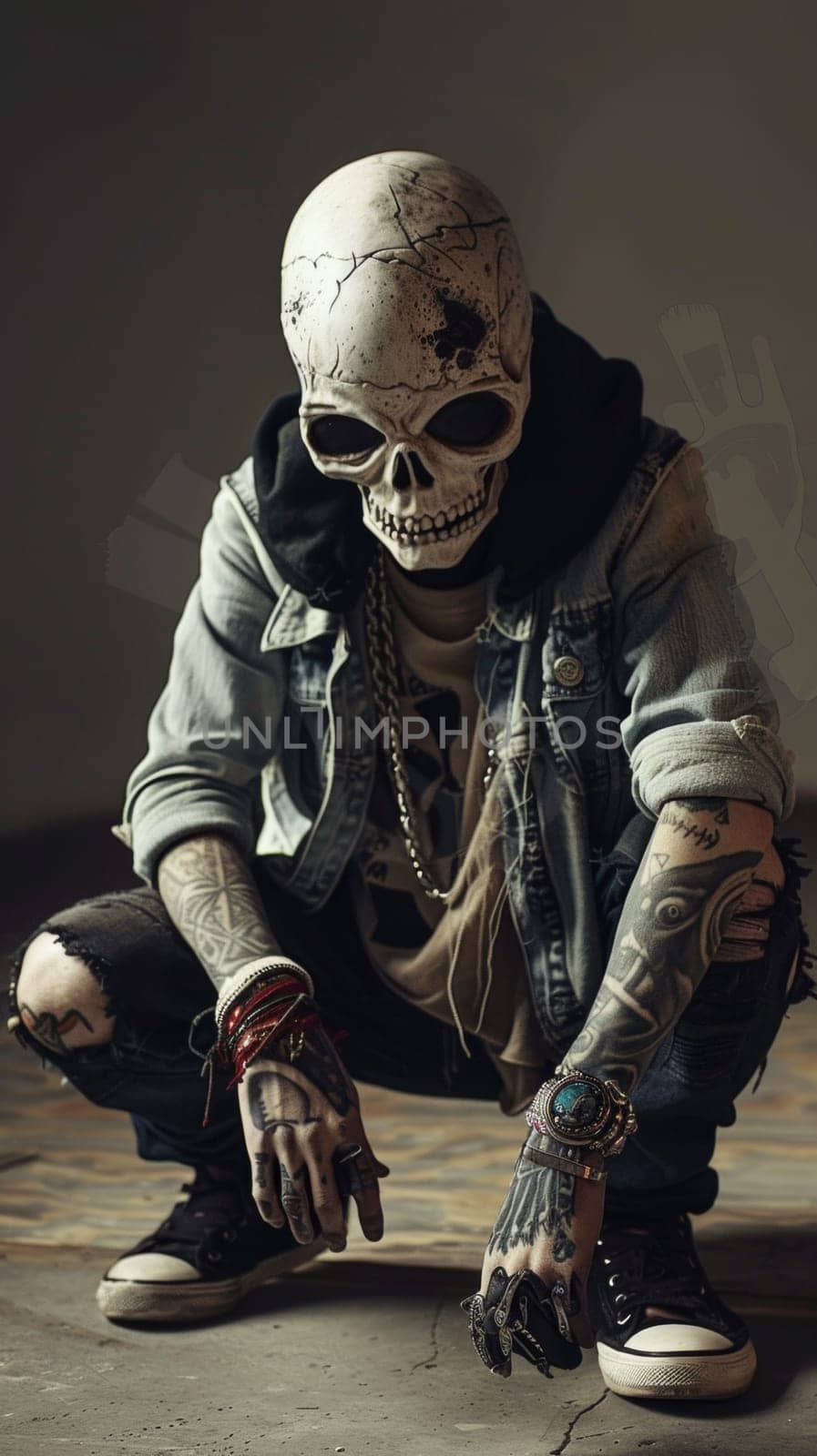 A man in a skeleton costume kneeling down with his hands on the ground