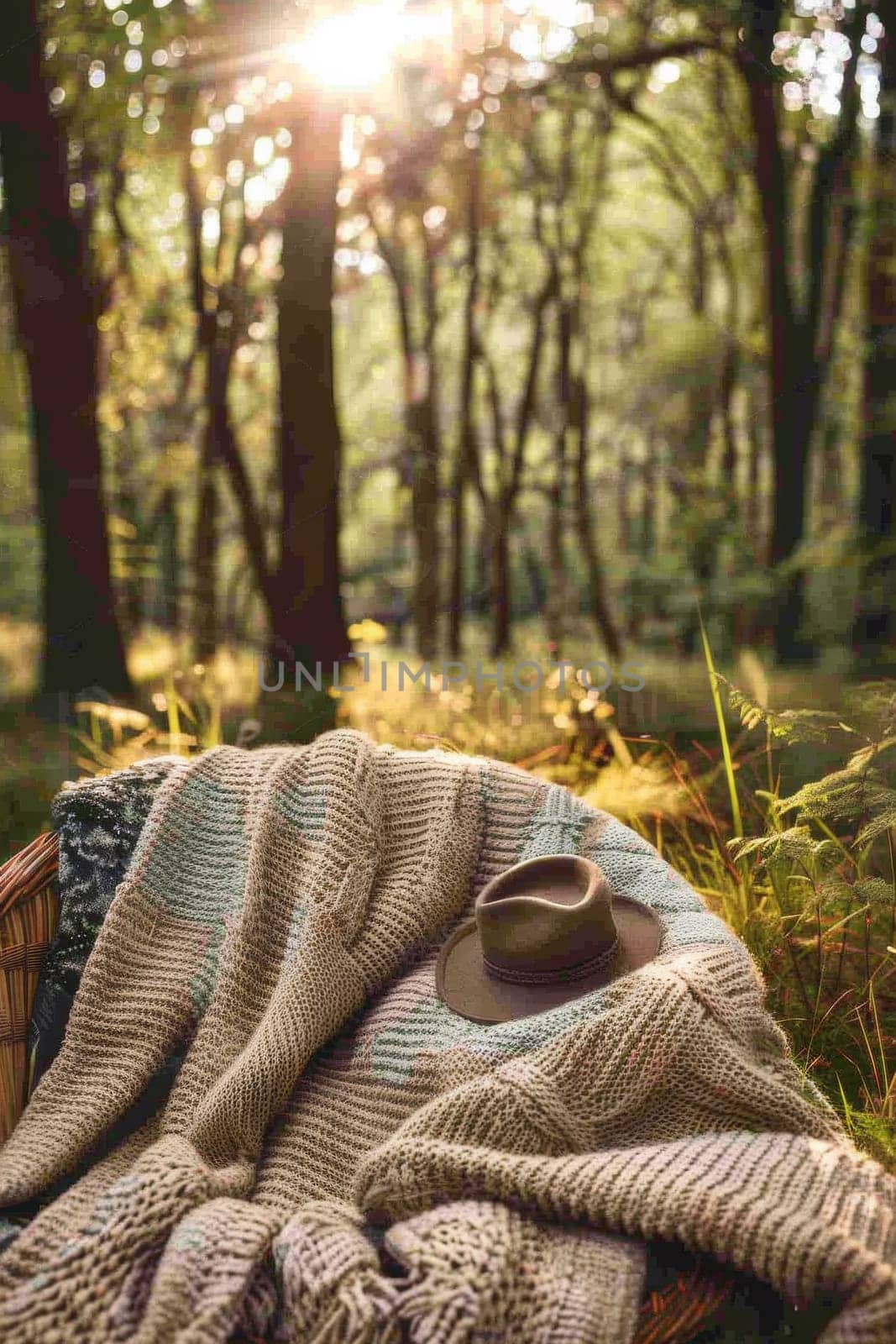 A blanket with a hat on top of it sitting in the woods