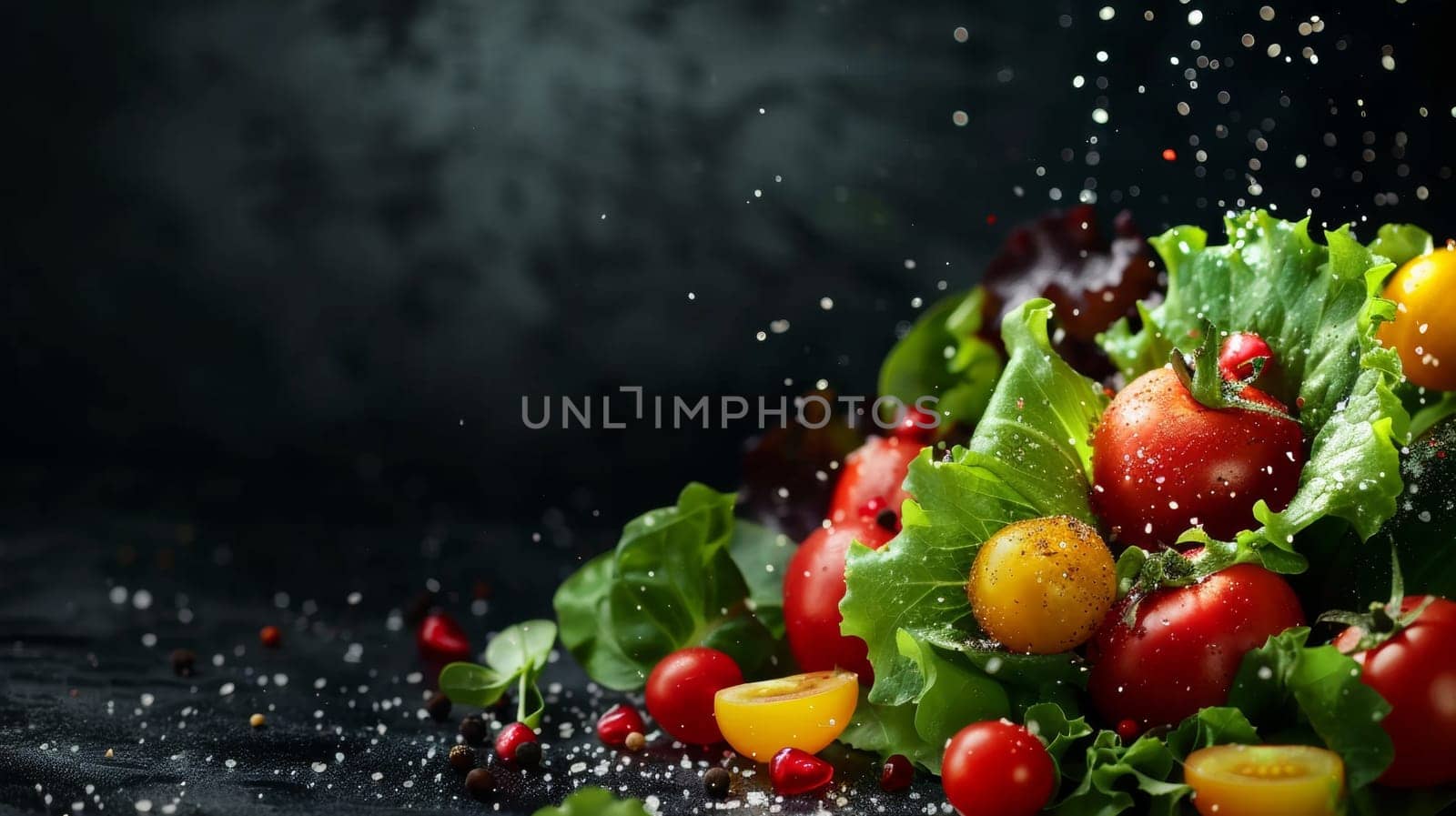 A close up of a salad with tomatoes and other vegetables