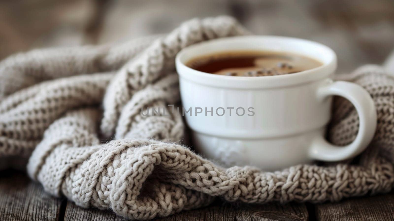 A cup of coffee is sitting on a blanket with some wood