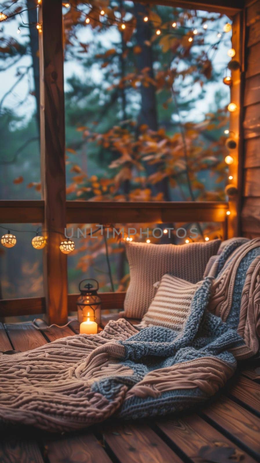 A blanket on a porch with lights and candles