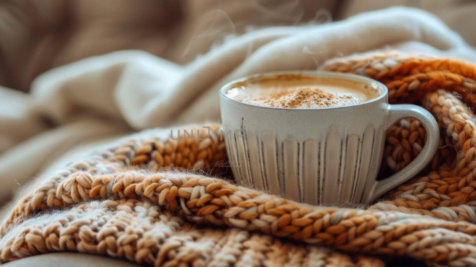 A cup of coffee is sitting on a blanket with cinnamon