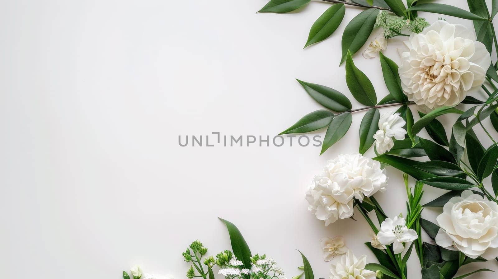 A white and green flowers are arranged on a table