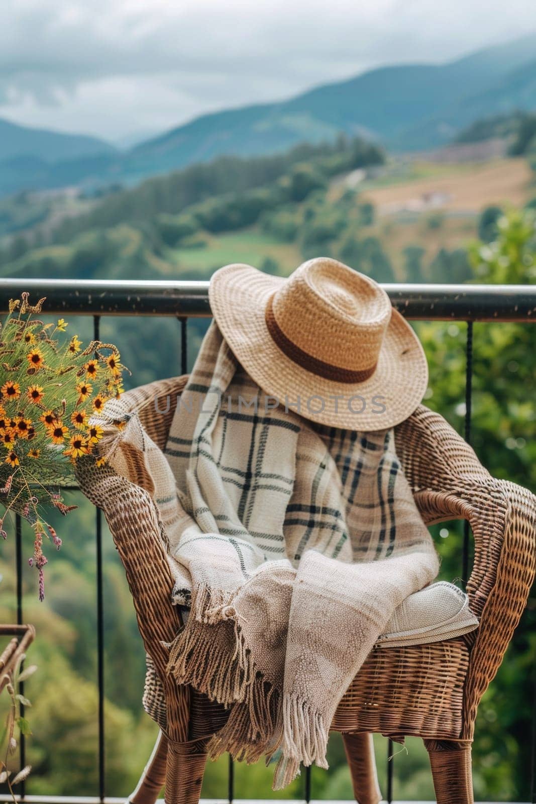 A hat and blanket on chair with view of mountains