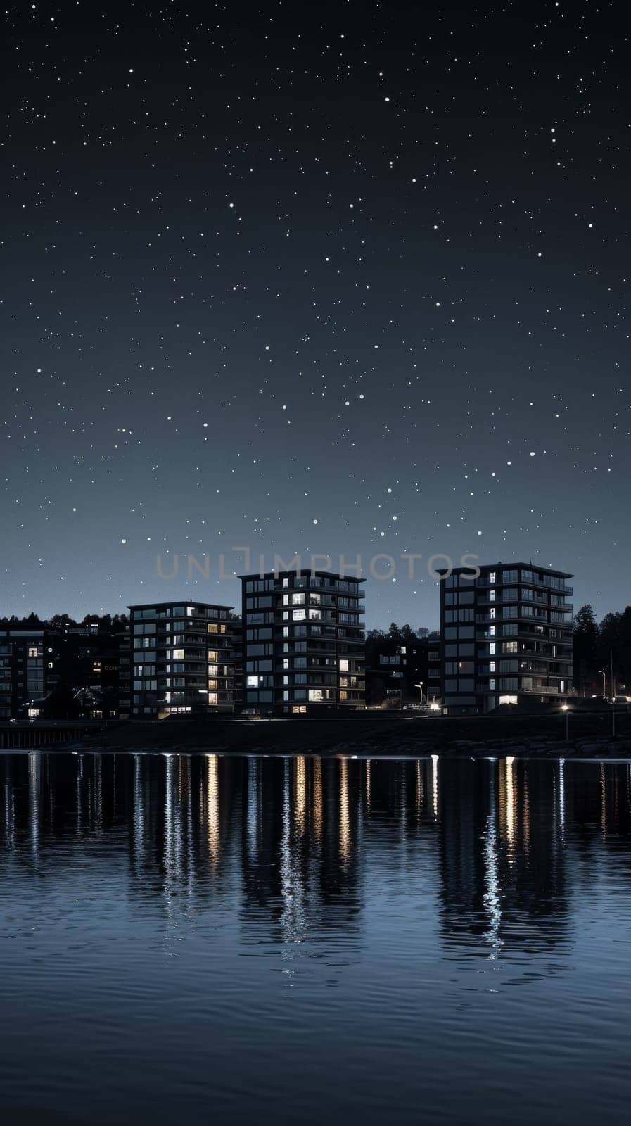 A city skyline at night with stars and moon over water