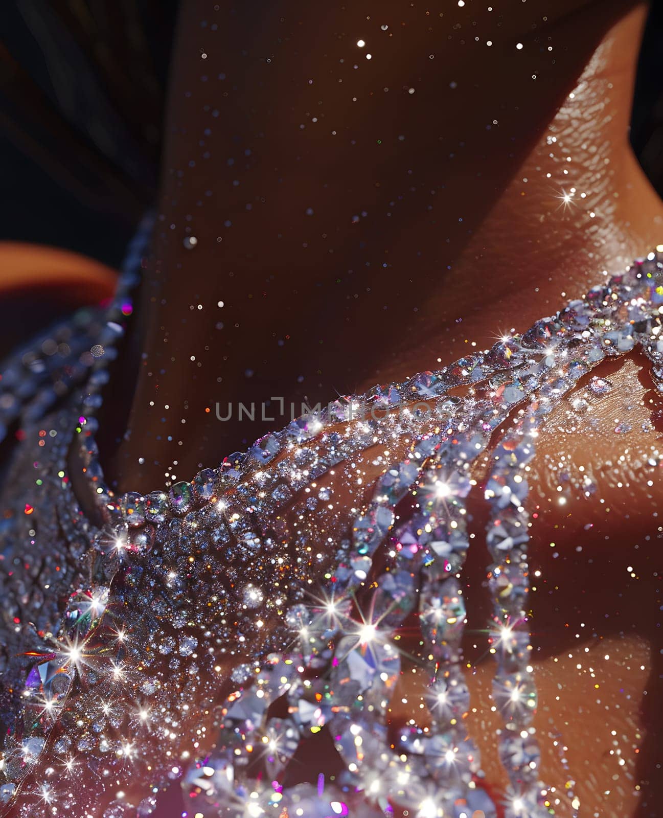 A closeup image of a womans finger delicately tracing the electric blue rhinestones on her necklace, the glitter reflecting the moisture in the air