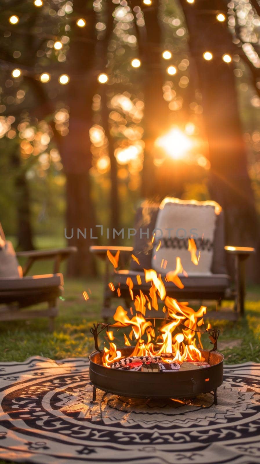 A fire pit in a circle with chairs around it
