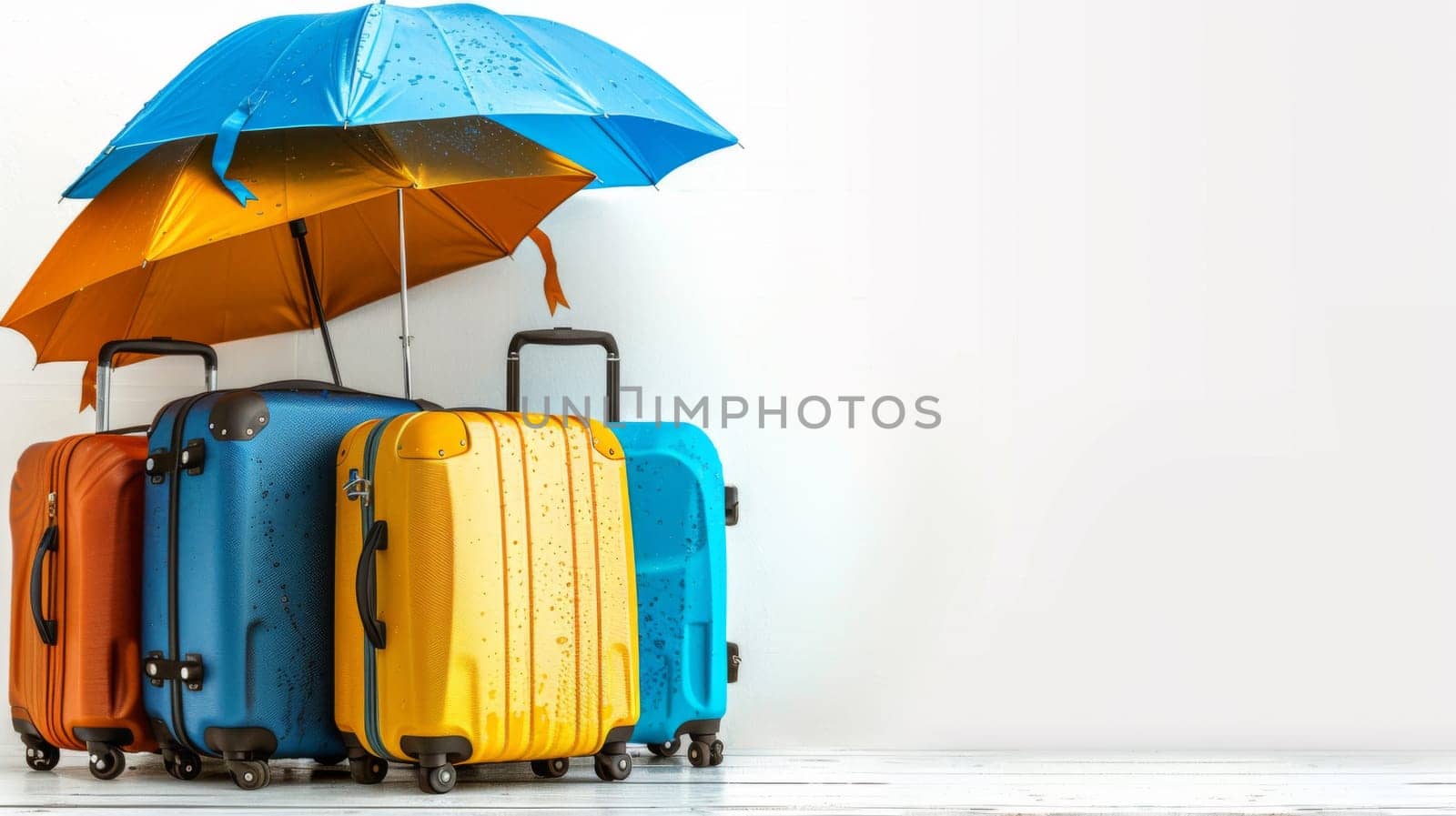 A group of colorful luggage with umbrellas on top and bottom