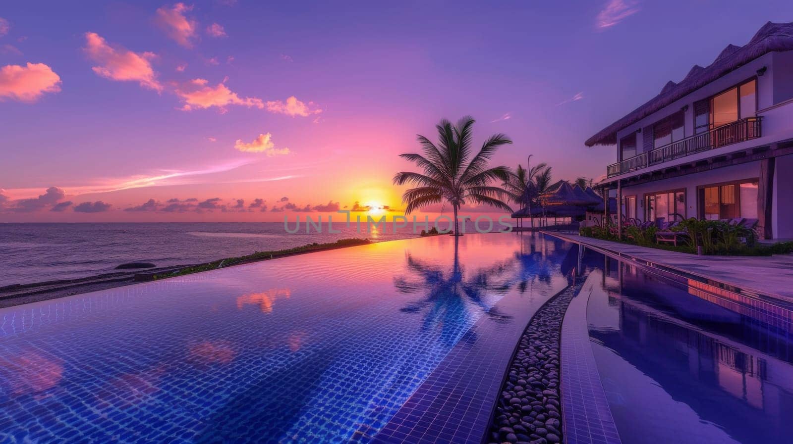 A pool with a view of the ocean at sunset