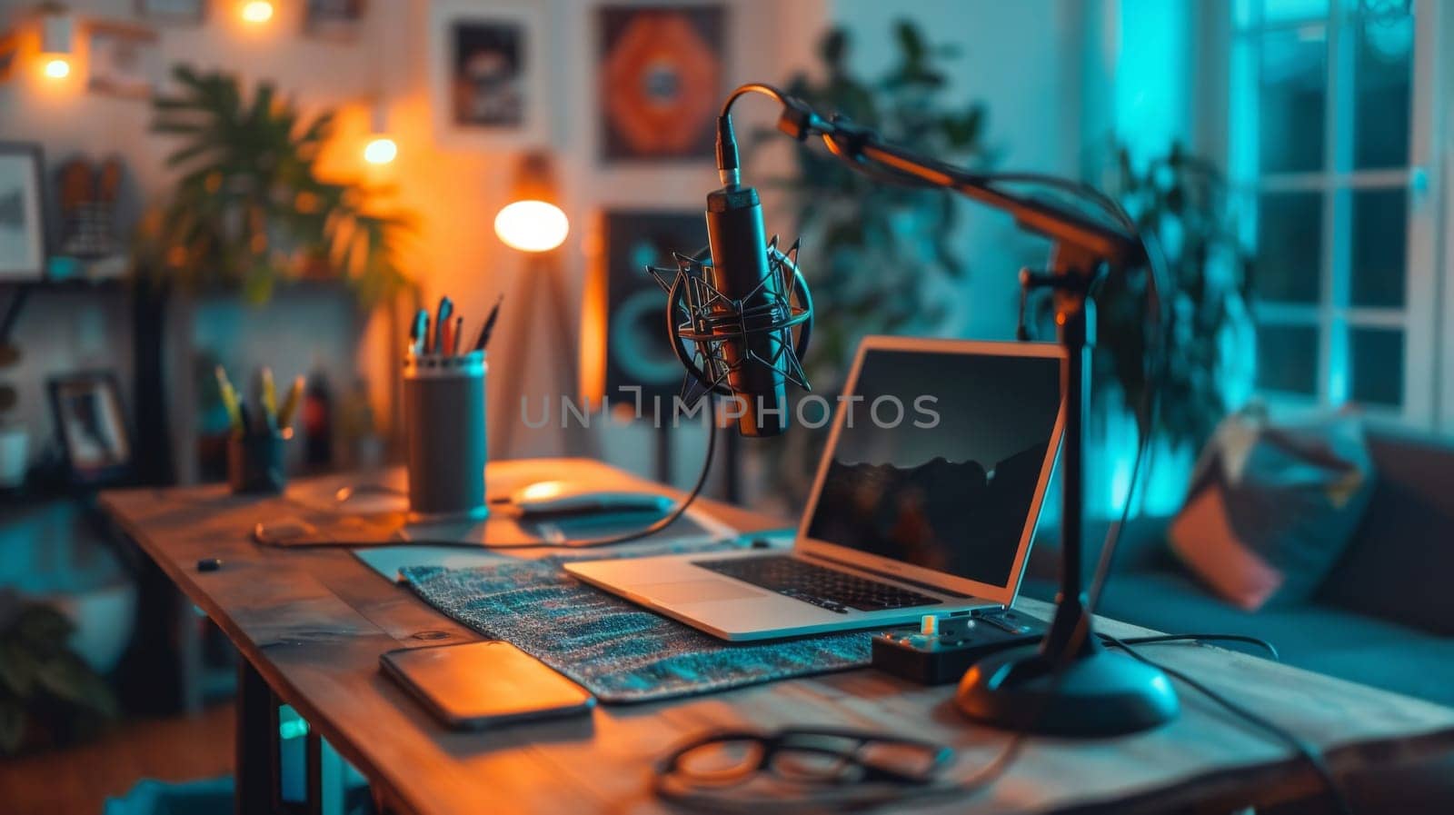 A laptop computer sitting on a desk with microphone and speakers