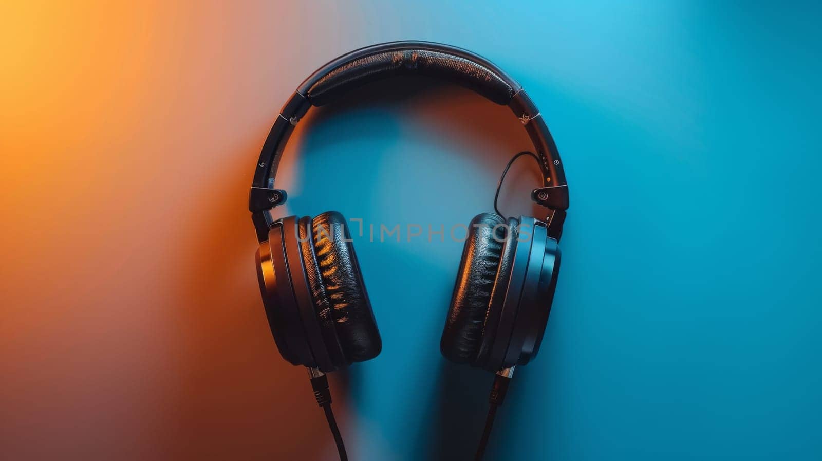 A pair of headphones on a blue and orange background