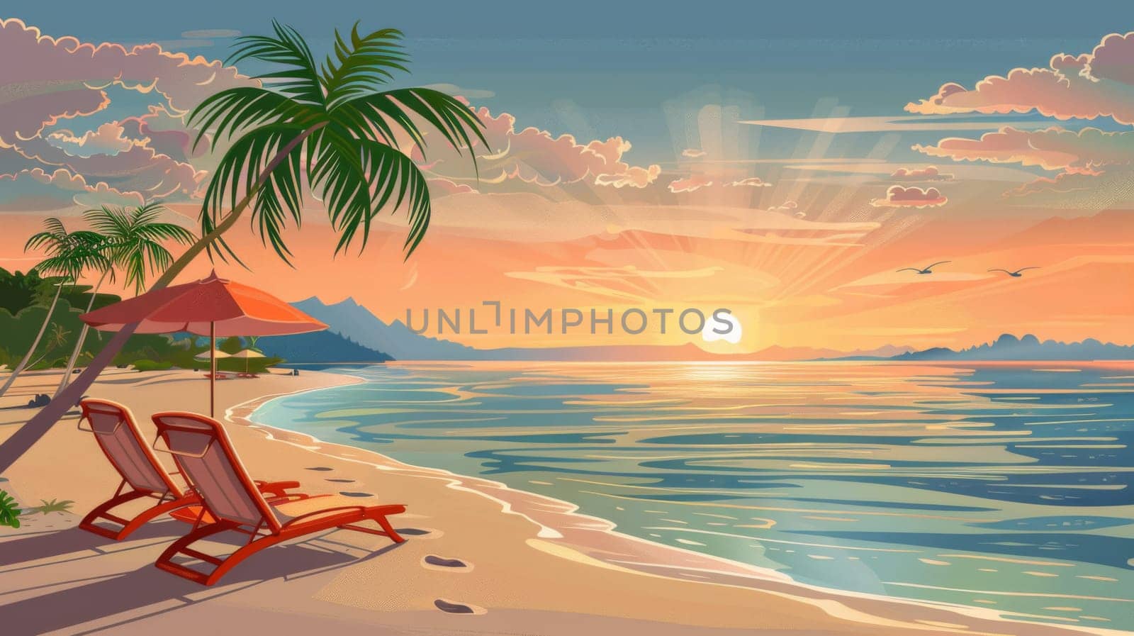 A beach scene with two lounge chairs and umbrella on the sand