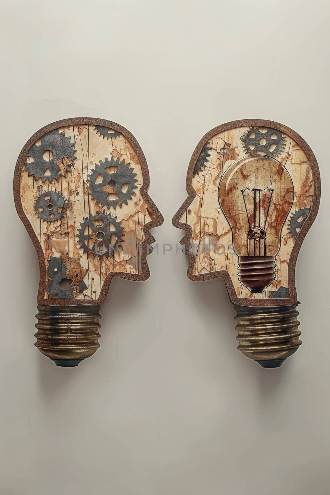 Two heads with gears and cogs inside of them are facing each other