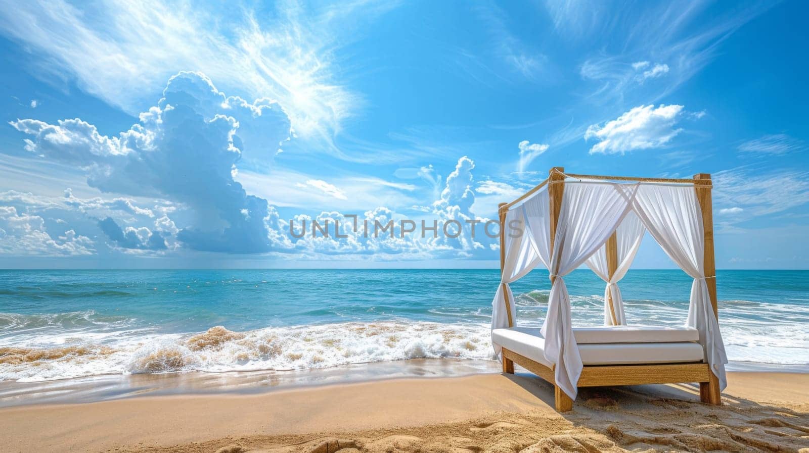 A bed on the beach with curtains and a canopy over it