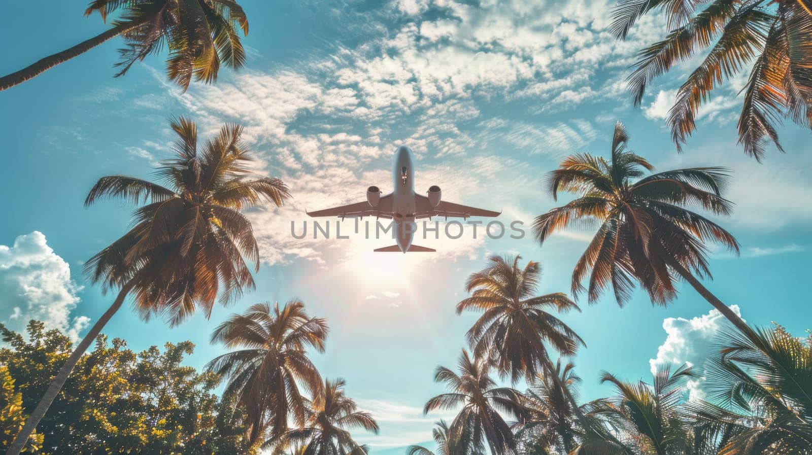 A plane flying over palm trees in a blue sky