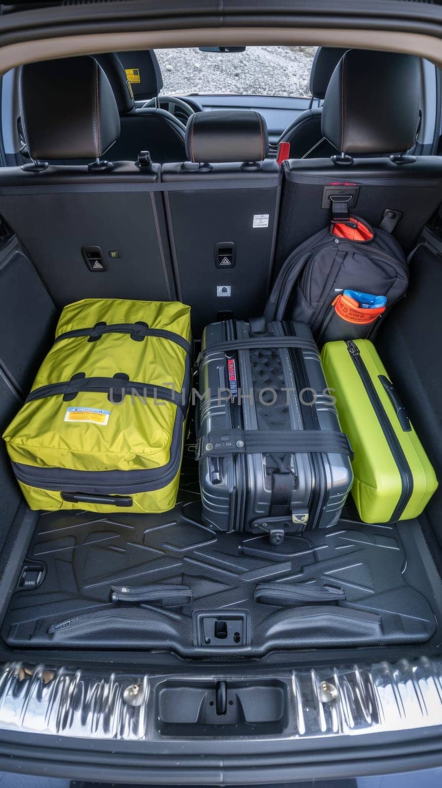 The trunk of a car with luggage in it and the back seats folded down