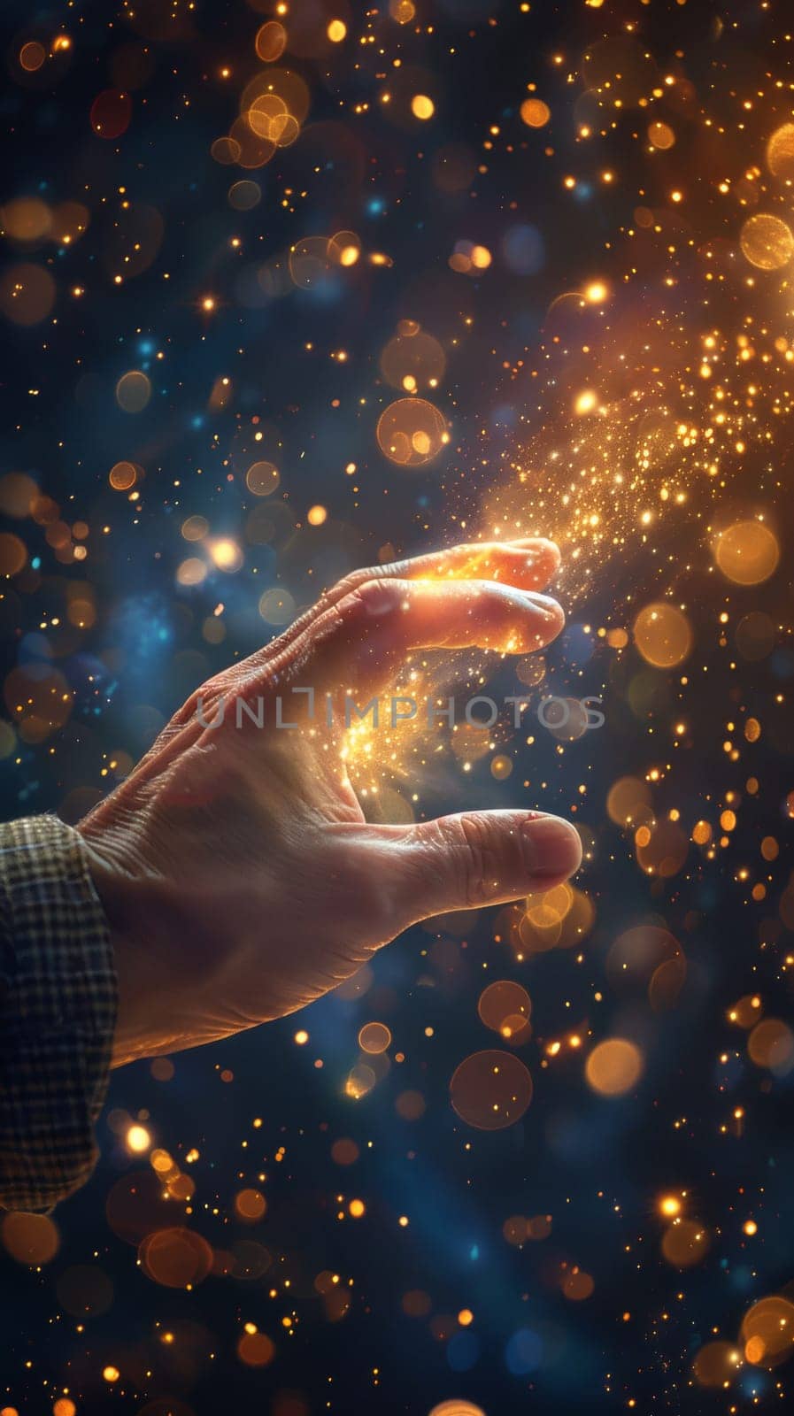A hand reaching out to touch a glowing orb of light