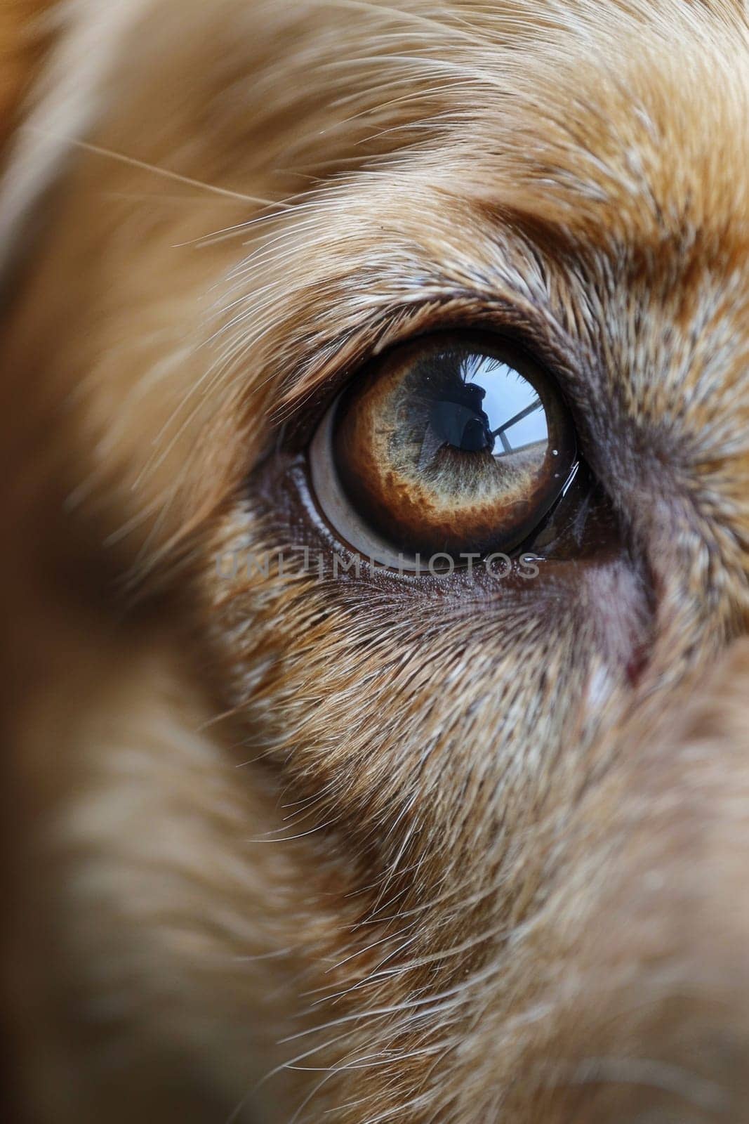 A close up of a dog's eye with brown fur and blue eyes