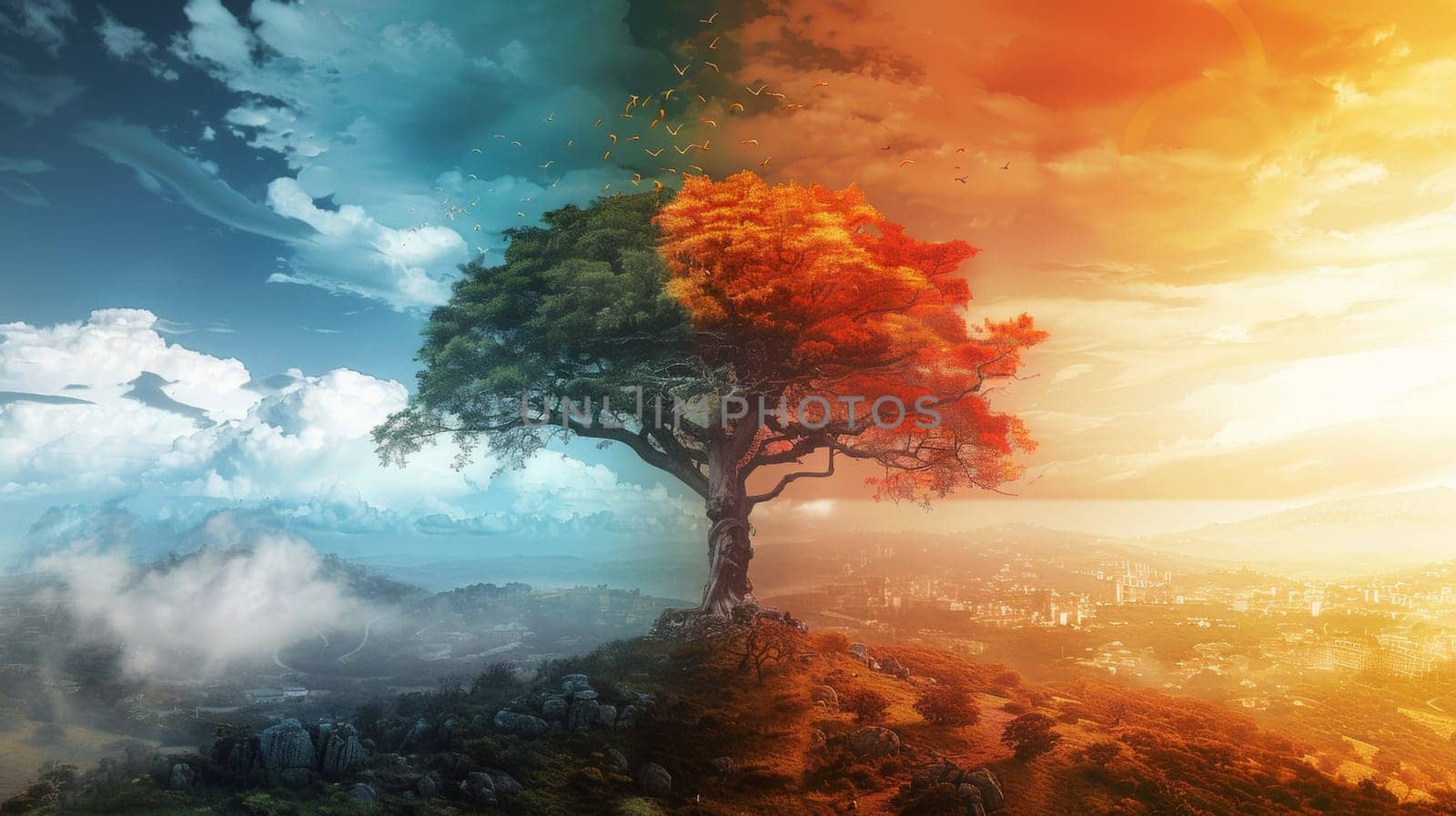 A tree with a split in the middle of it on top of a hill