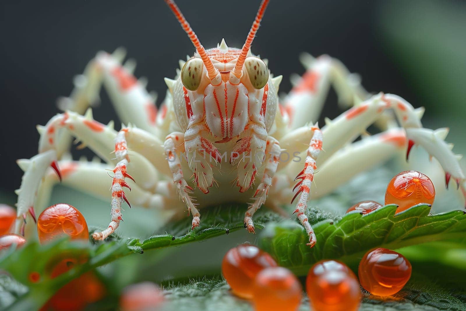 A close up of a bug with orange and white stripes