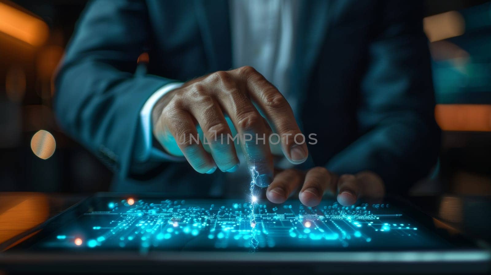 A man in a suit is touching something on an electronic tablet