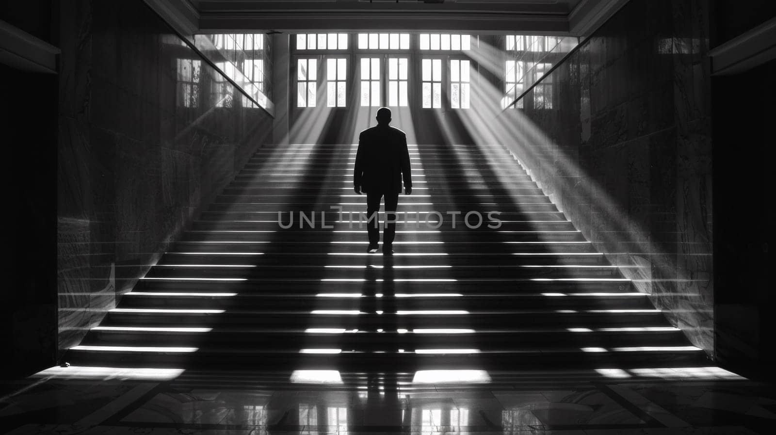 A man standing on a set of stairs with sunlight coming through the windows