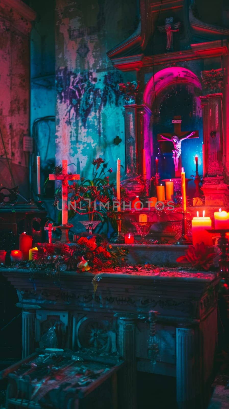 A church with a cross on the wall and candles lit